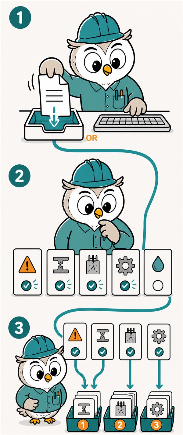 Three-step comic: add review comments, check the extracted issues, then log them into grouped mistake categories.